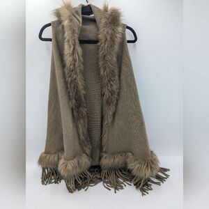 Northern Angel Brown Faux Fur Trim Fringe Knit Wrap Poncho Shawl Vest Cardigan L
